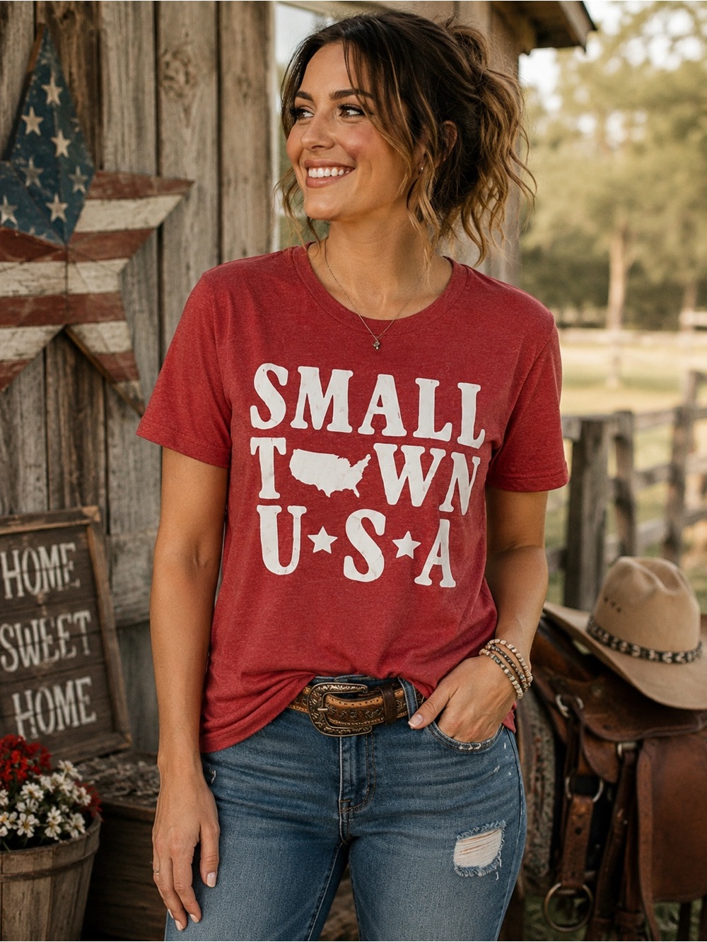 Bella + Canvas Womens Size S T Shirt Red Small Town USA Graphic Tee Top